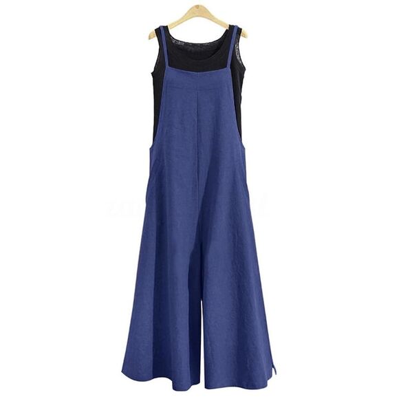 Women’s navy XL Casual Loose Long Bib Pants Wide Leg Jumpsuit romper Baggy Cotto - Picture 1 of 6